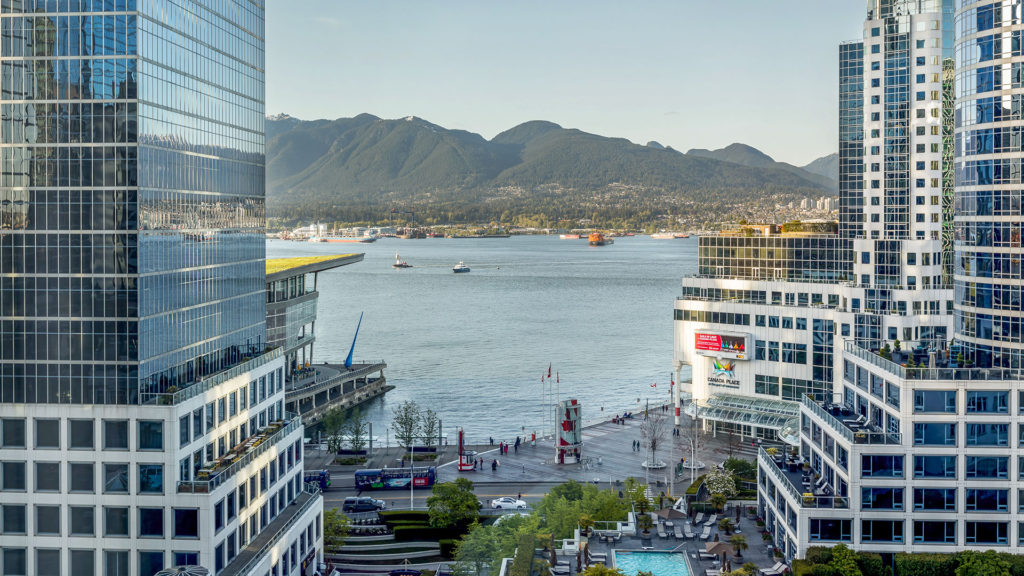 View Of Canada Place And The North Shore Mountains From Auberge Vancouver Hotel Room